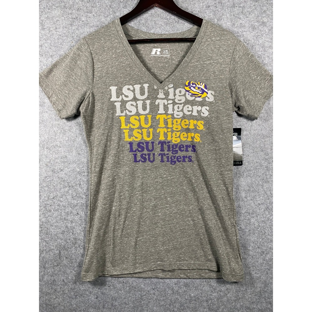 Russell LSU Tigers Womens V-Neck Graphic T-Shirt Gray Heather NWT Large 12-14